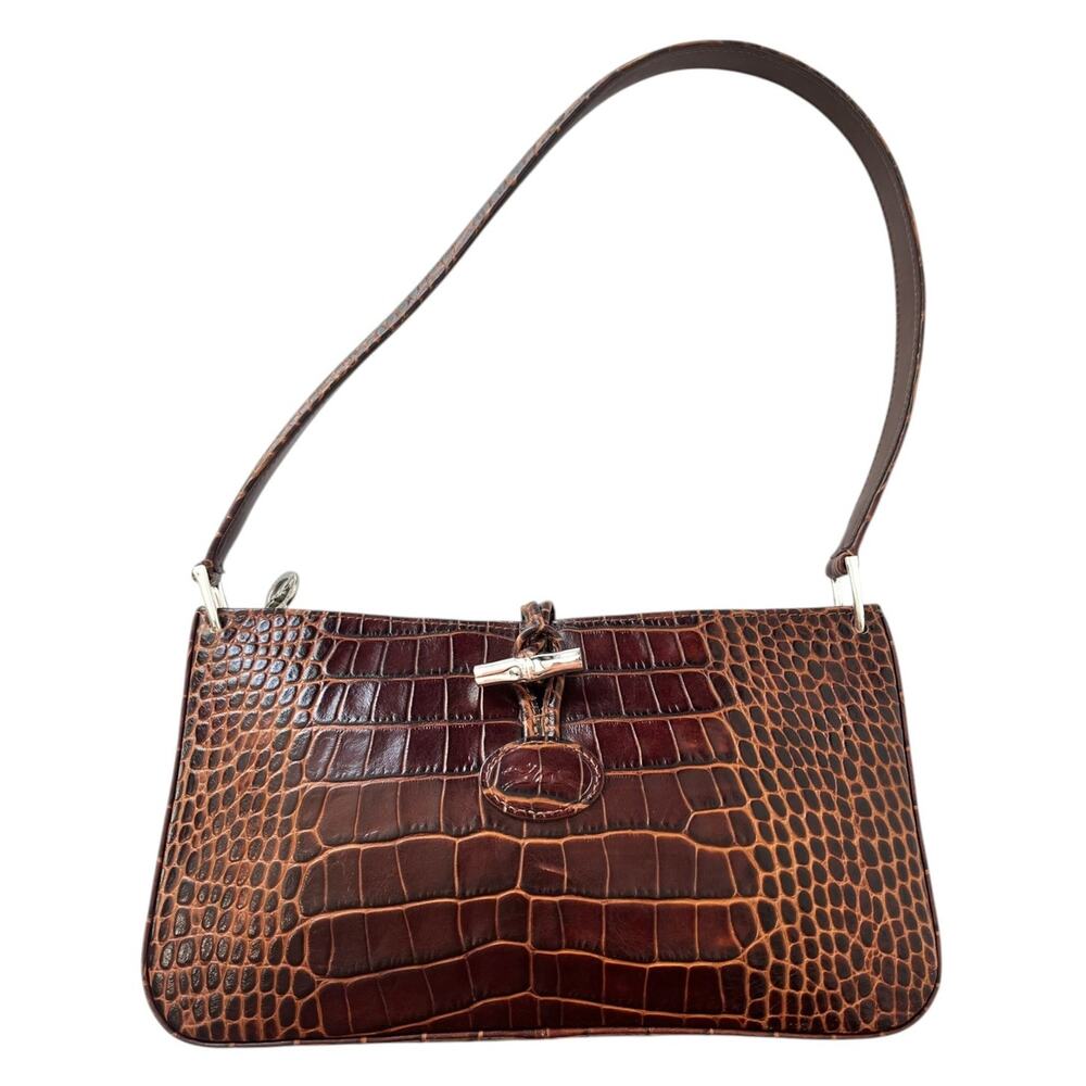 Longchamp Roseau Brown Croc Embossed Shoulder Bag Vintage Y2K Bamboo Toggle